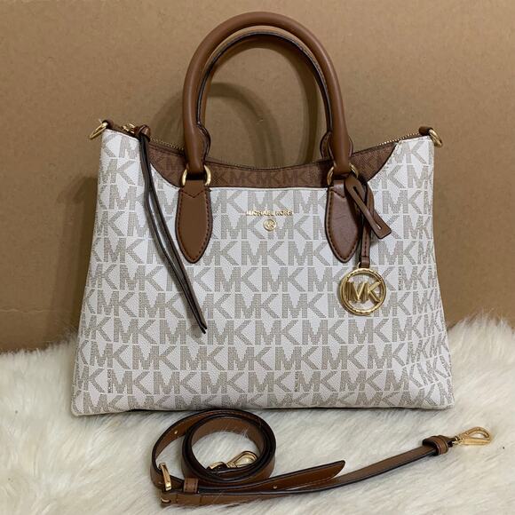 MICHAEL KORS AUSTEN Vanilla & Acorn Brown Leather Logo Satchel with XBody Strap - Picture 7 of 16